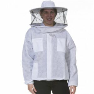 Person wearing heavy duty round beekeeping jacket with a front view